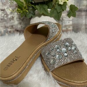Rouge Helium Gold and Silver Crystal Slide Sandals